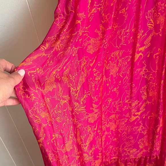 LARA. G. Silk Vibrant Pink Orange Sleeveless Smocked V-Neck Boho Maxi Dress - Picture 4 of 7